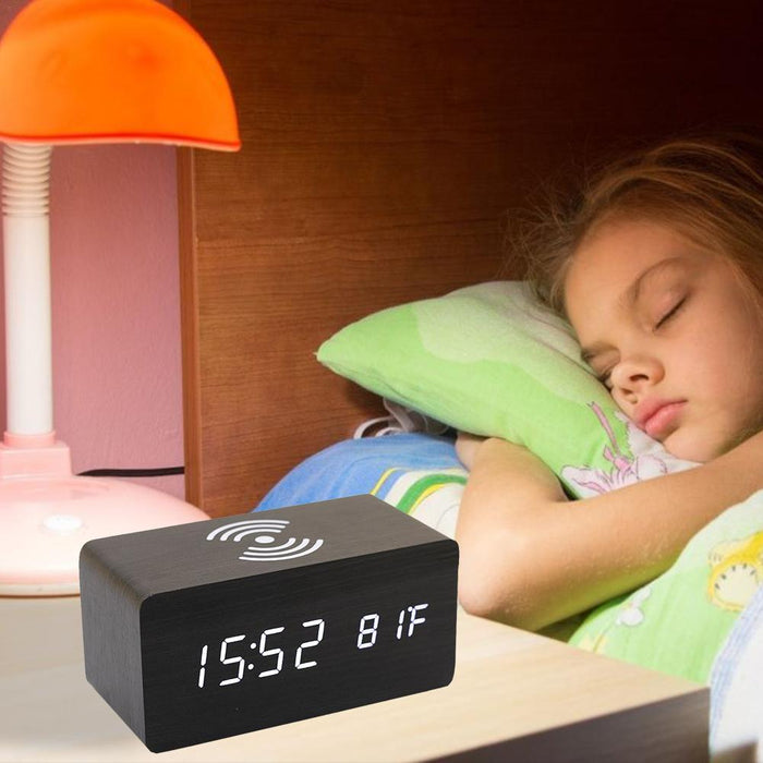 Wireless Charger Wooden Alarm Clock