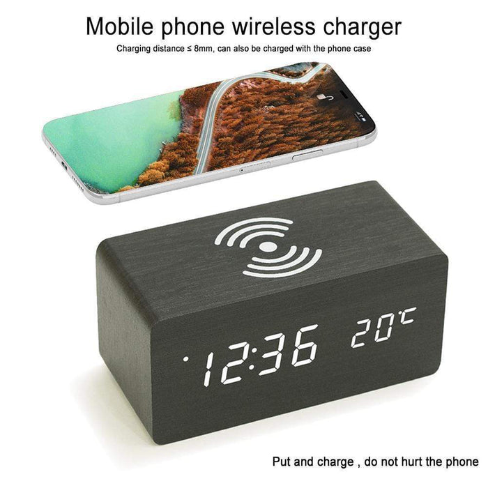 Wireless Charger Wooden Alarm Clock