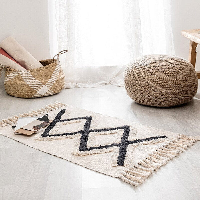 Retro Bohemian Hand Woven Cotton Linen Tassel Carpet Rug