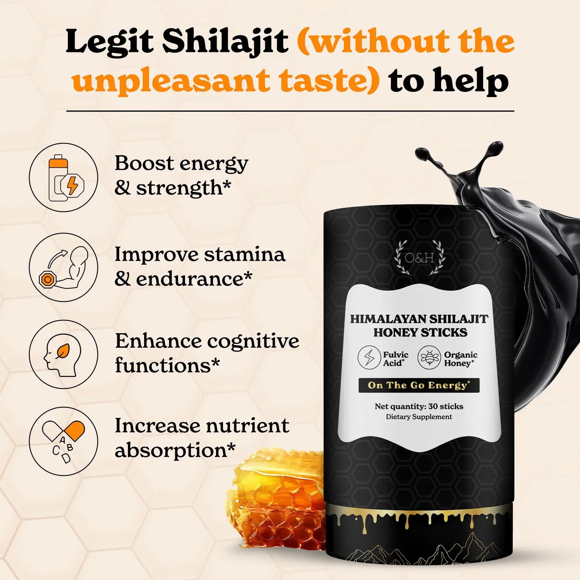 Shilajit Honey Sticks | Pure Himalayan Resin, Honey & Saffron | Energy, Strength & Cognitive Support