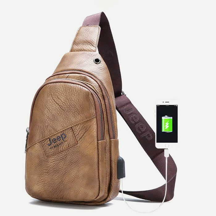 Men's Leather Sling Bag Vintage Shoulder Bag with USB Changing Port