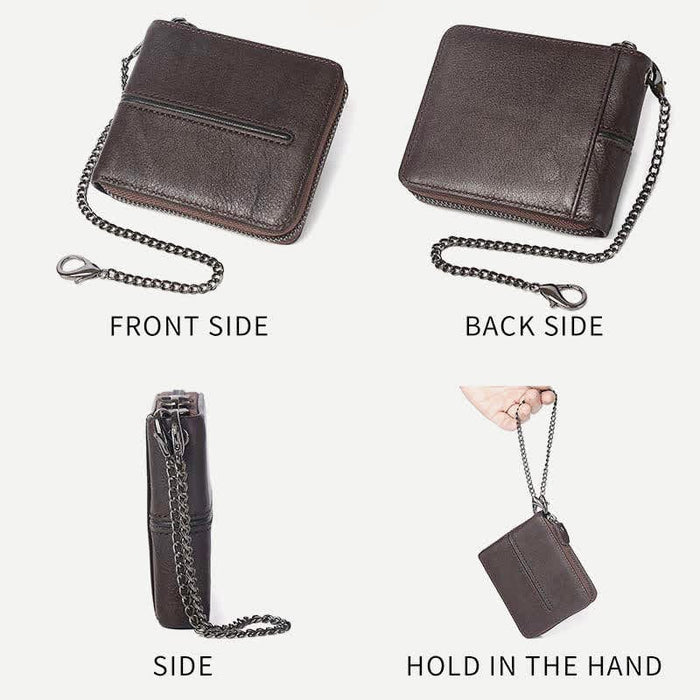 Genuine Leather Zip Around RFID Blocking Bifold Wallet with Chain